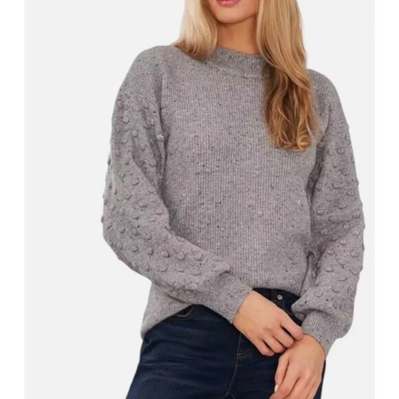 Cece Textured Dot Knit Balloon Sleeve Mock Crewneck Sweater Cute Gray sz XL NWT - Picture 2 of 12